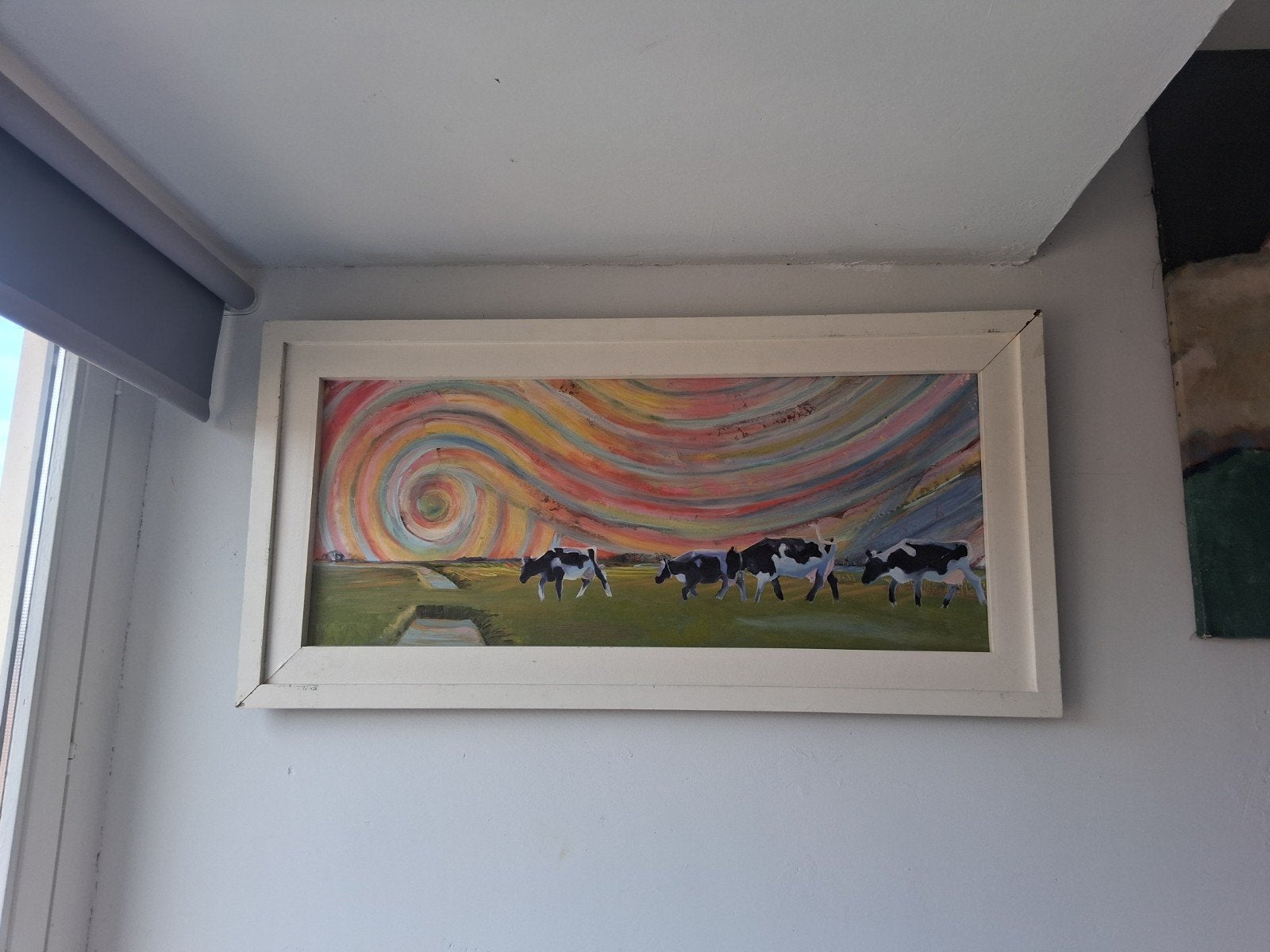 Schilderij met koeien en kleurrijke lucht - 104 cm breed, Ophalen, Olieverf, Overige materialen, Dieren
