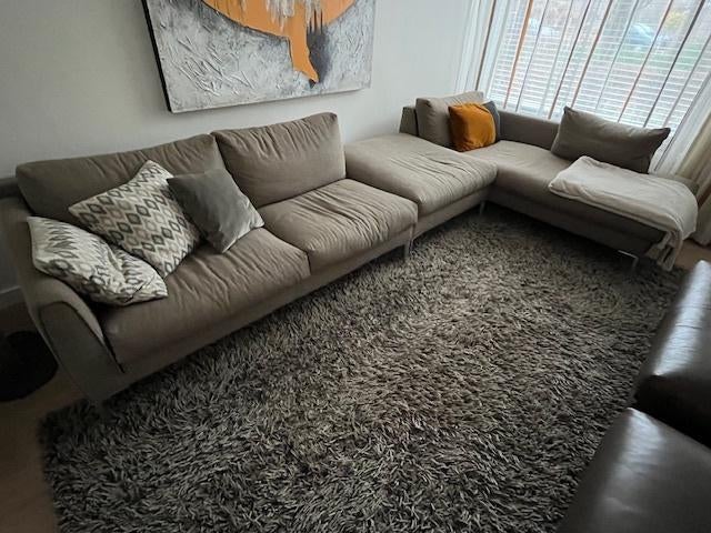 Te Koop: 2,5 zitsbank + chaise lonque + poef, Huis en Inrichting, Banken | Bankstellen, Ophalen, Gebruikt, Hoekbank, 75 tot 100 cm