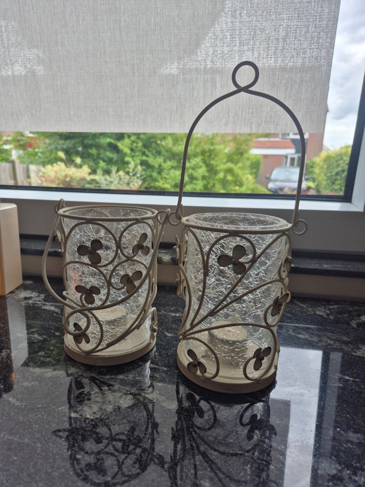 Set van 2 metalen windlichten met glazen inzet, Ophalen, Windlicht, Gebruikt, Crème