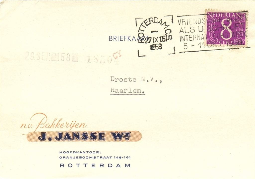 nv Bakkerijen J. Janse Wz., Rotterdam - 09.1958 - briefkaart, Ophalen of Verzenden, Briefkaart