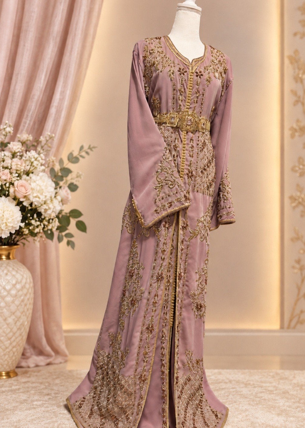 Elegante Marokkaanse Kaftan - Roze met Goud Borduurwerk, Kleding | Dames, Overige typen, Nieuw, Onbekend, Roze