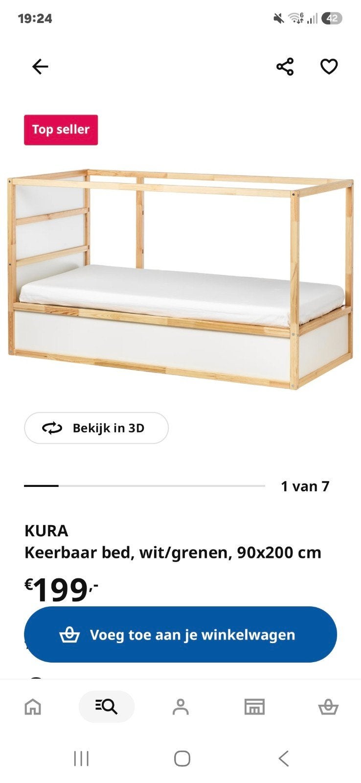 IKEA Kura bed, wit/grenen, 90x200 cm - Gebruikt, Kinderen en Baby's, 85 tot 100 cm, Gebruikt, Ophalen of Verzenden, Hoogslaper of Stapelbed