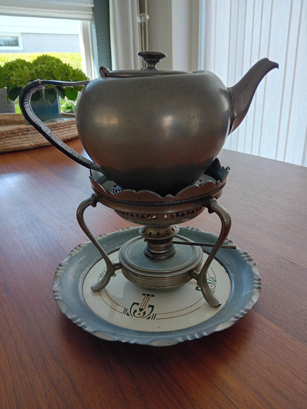 Antieke tinnen theepot met rechaud - C&K Tiel Holland, Ophalen of Verzenden