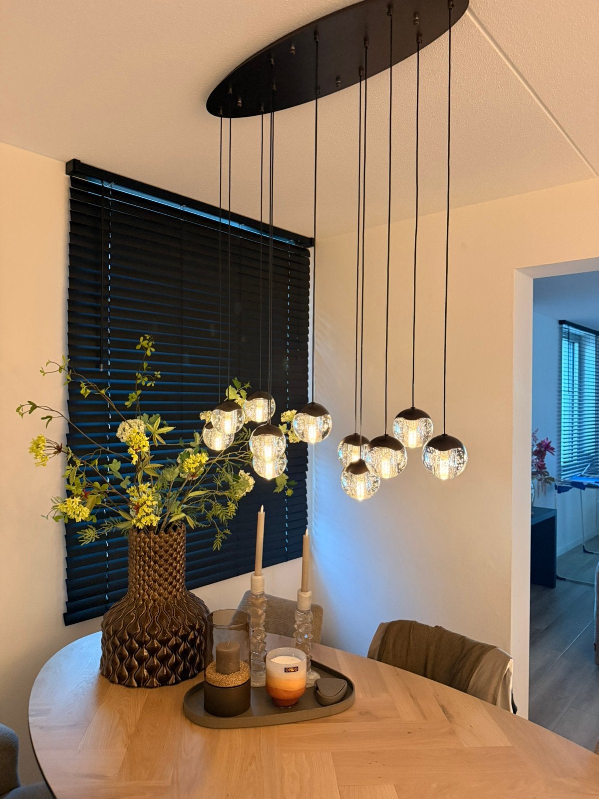 Hanglamp brons met glazen bollen, Ophalen, Zo goed als nieuw, Glas