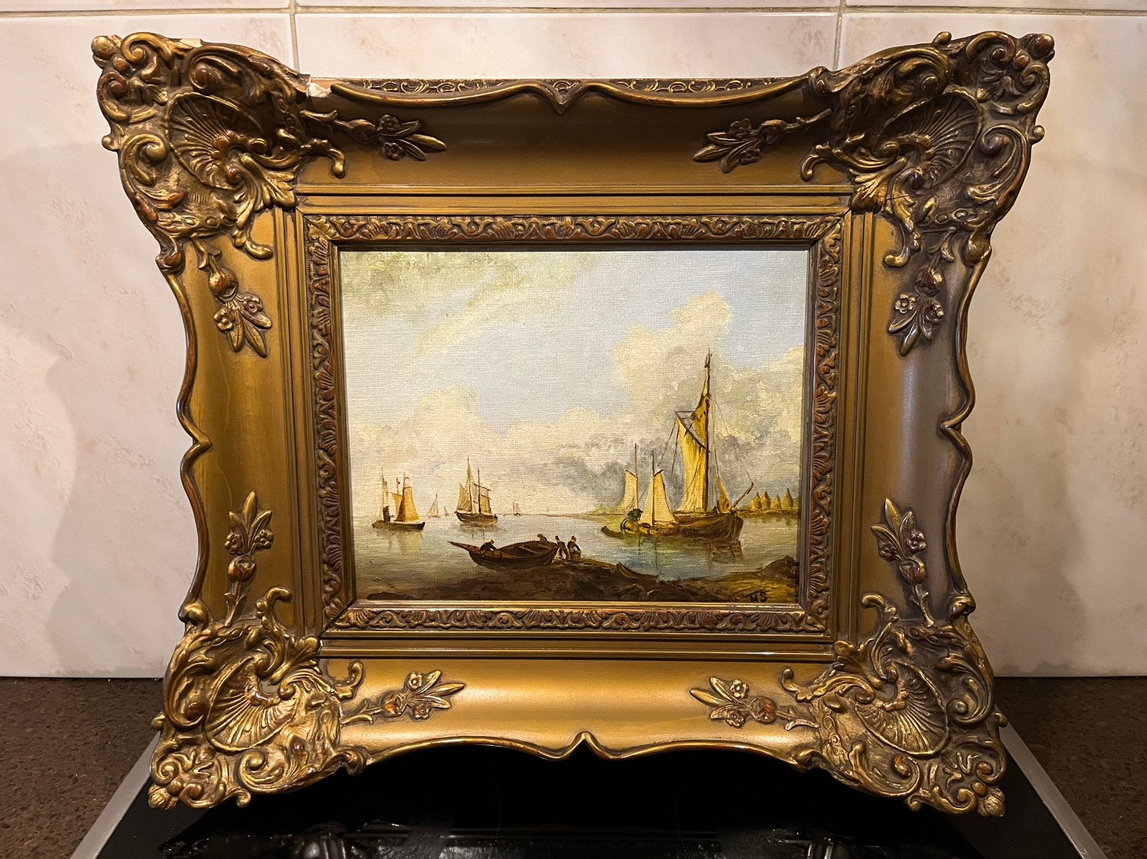 Olieverf zee met boten schilderij, Antiek en Kunst, Kunst | Schilderijen | Klassiek, Ophalen