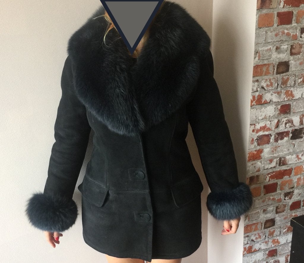 Lammy schapenvacht jas bontjas vossen kraag Blauw 38-40, Ophalen of Verzenden, Nieuw, Maat 38/40 (M), Blauw