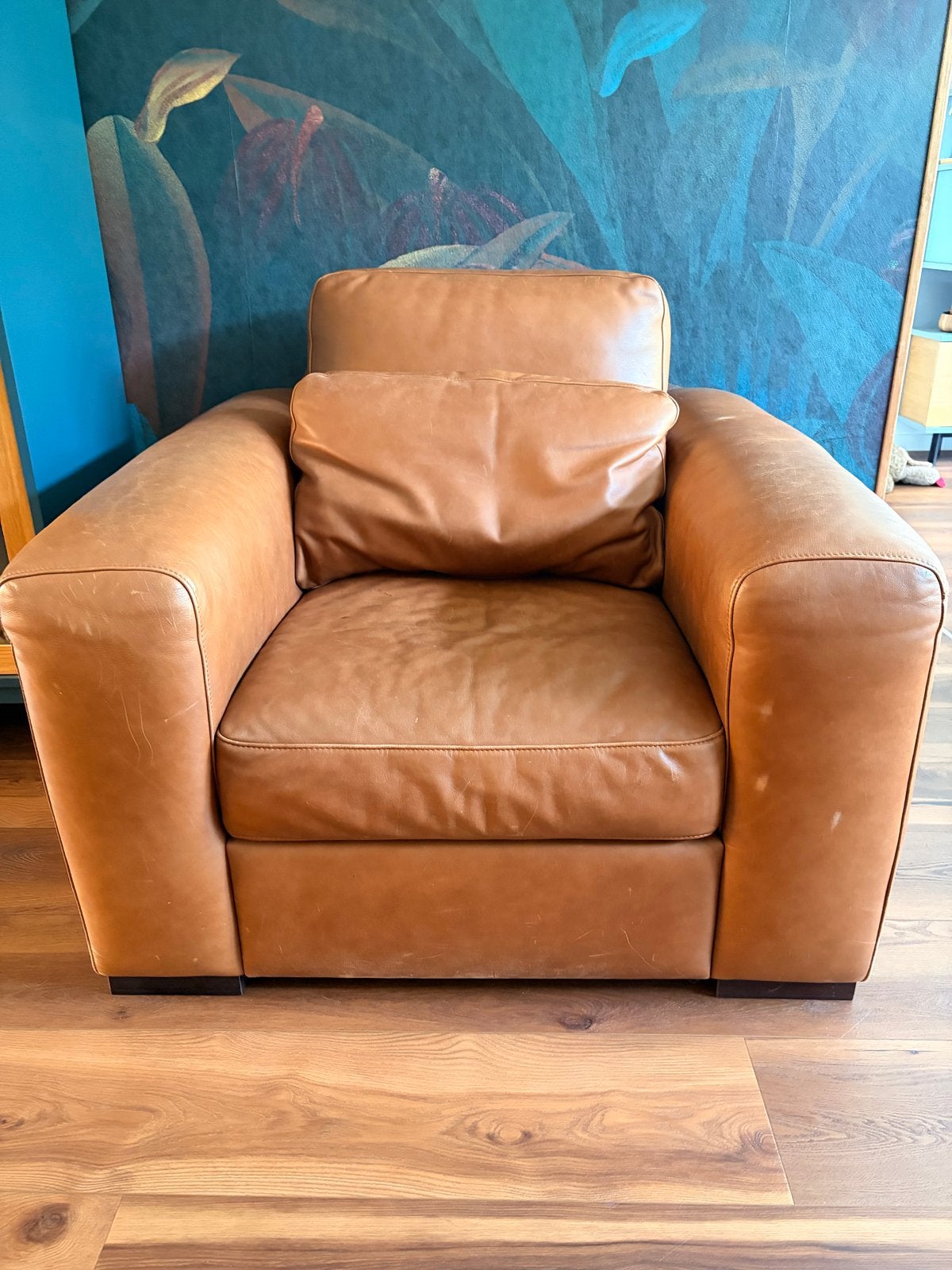 Zeer comfortabele zacht leren fauteuil - Cognac bruin, Ophalen, Gebruikt, 75 tot 100 cm, Leer