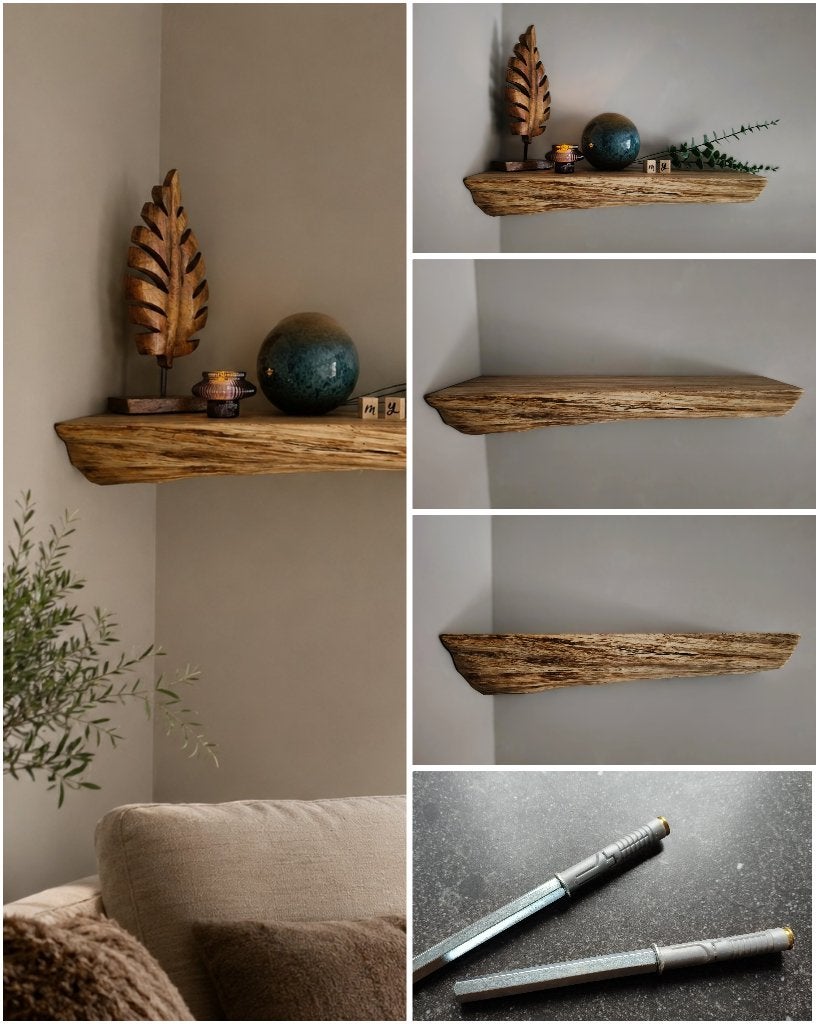 Zwevende boomstam wandplank eiken + mont.pennen 54,5cm #163B, Huis en Inrichting, Woonaccessoires | Wandplanken en Boekenplanken