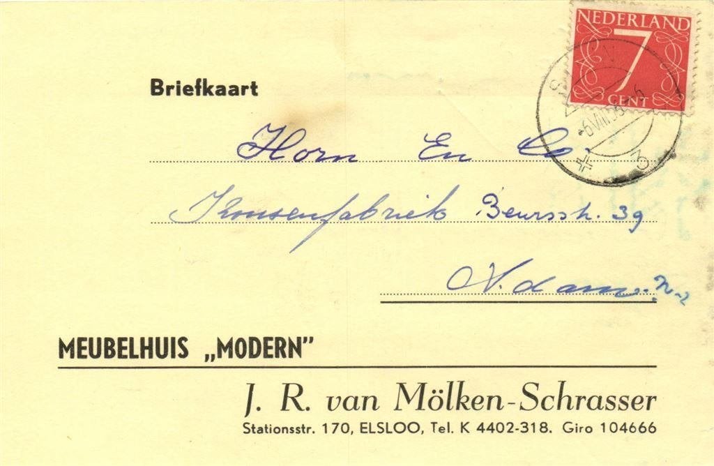 Meubelhuis Modern, Elsloo - 07.1956 - briefkaart, Ophalen of Verzenden, Briefkaart
