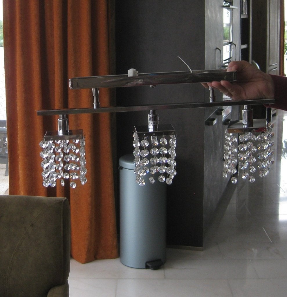 Metalen plafondlamp met 3 kapjes van kristalglas, Ophalen of Verzenden, Zo goed als nieuw, Glas, Plafondlamp