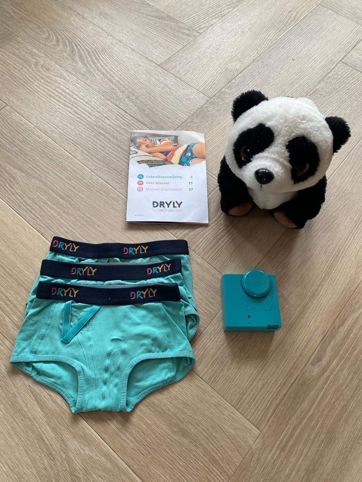 Dryly plaswekker met panda knuffel en 3 onderbroeken, Ophalen of Verzenden, Zo goed als nieuw