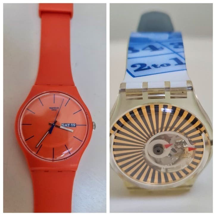 Swatch horloges 2 exemplaren 1 Orange Pink Rebel en Casino, Ophalen, Gebruikt, Polshorloge, Swatch