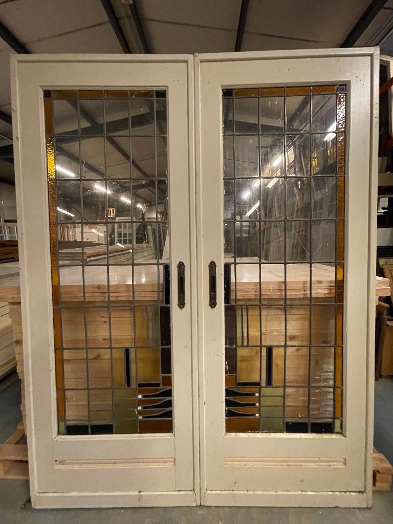Set schuif / en-suite deuren met glas in lood 214x165cm, Antiek en Kunst, Curiosa en Brocante, Ophalen