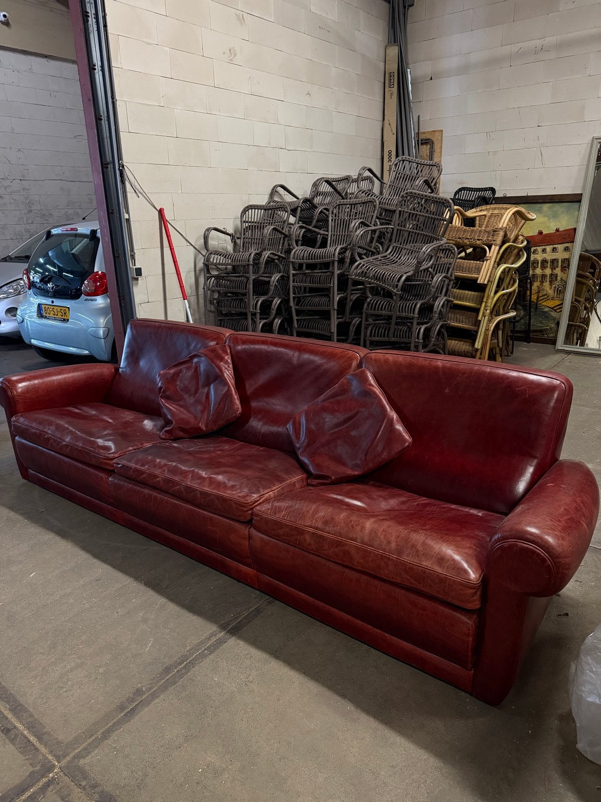 Luxe Leren Bank Baxter - Rood, 3-zits, Ophalen, 250 tot 300 cm, Gebruikt, 100 tot 125 cm