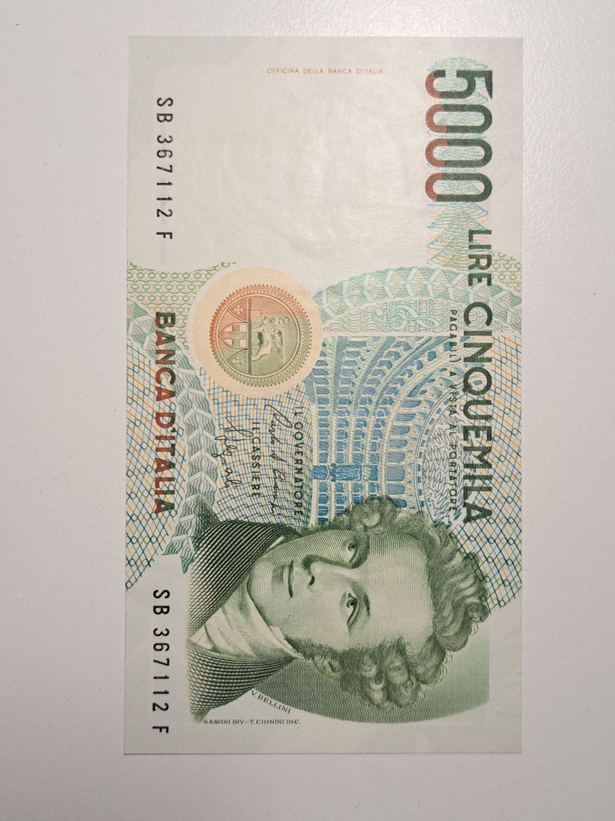 Italiaans 5000 Lire biljet - Vincenzo Bellini, Postzegels en Munten, Ophalen of Verzenden, Italië, 5 euro, Los biljet