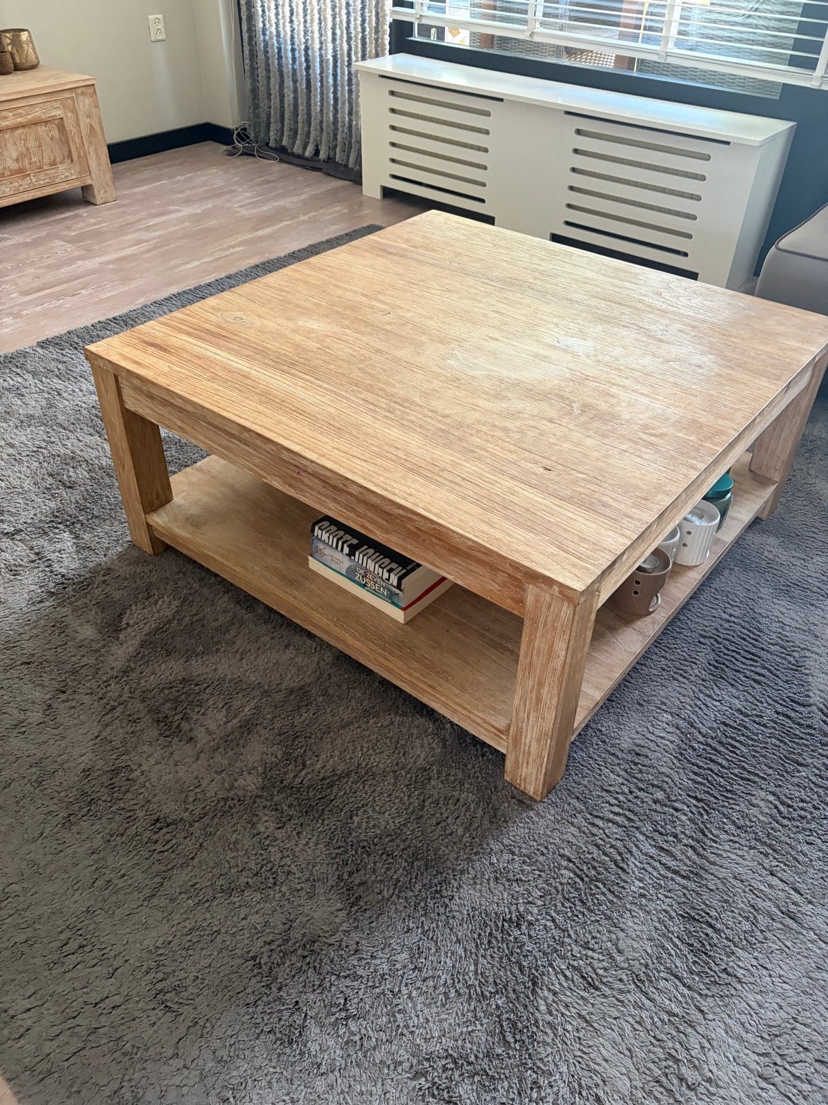 Houten Salontafel Vierkant 100x100 cm met Opbergplank, Huis en Inrichting, Ophalen, Gebruikt, 100 tot 150 cm, Vierkant