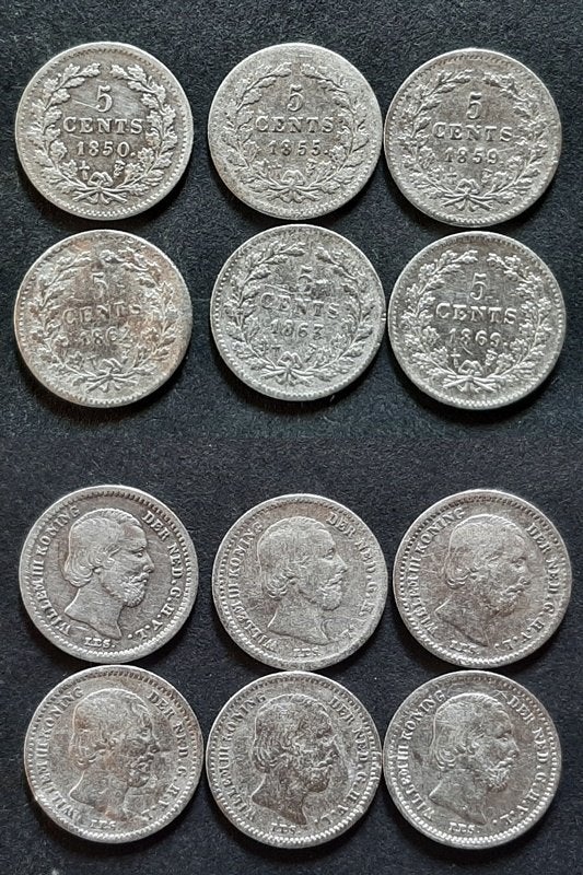 6 X 5 cent Willem III zilver, Verzenden, Koning Willem III, Zilver