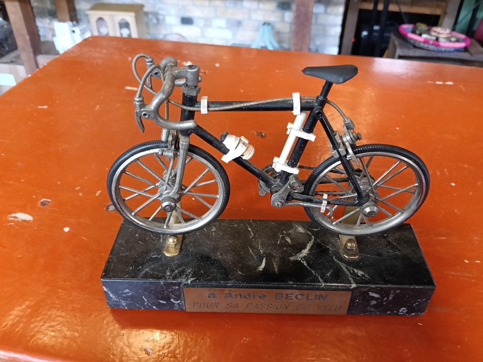 Unieke Vintage Wielertrofee / Miniatuur Racefiets op Marmer, Ophalen of Verzenden