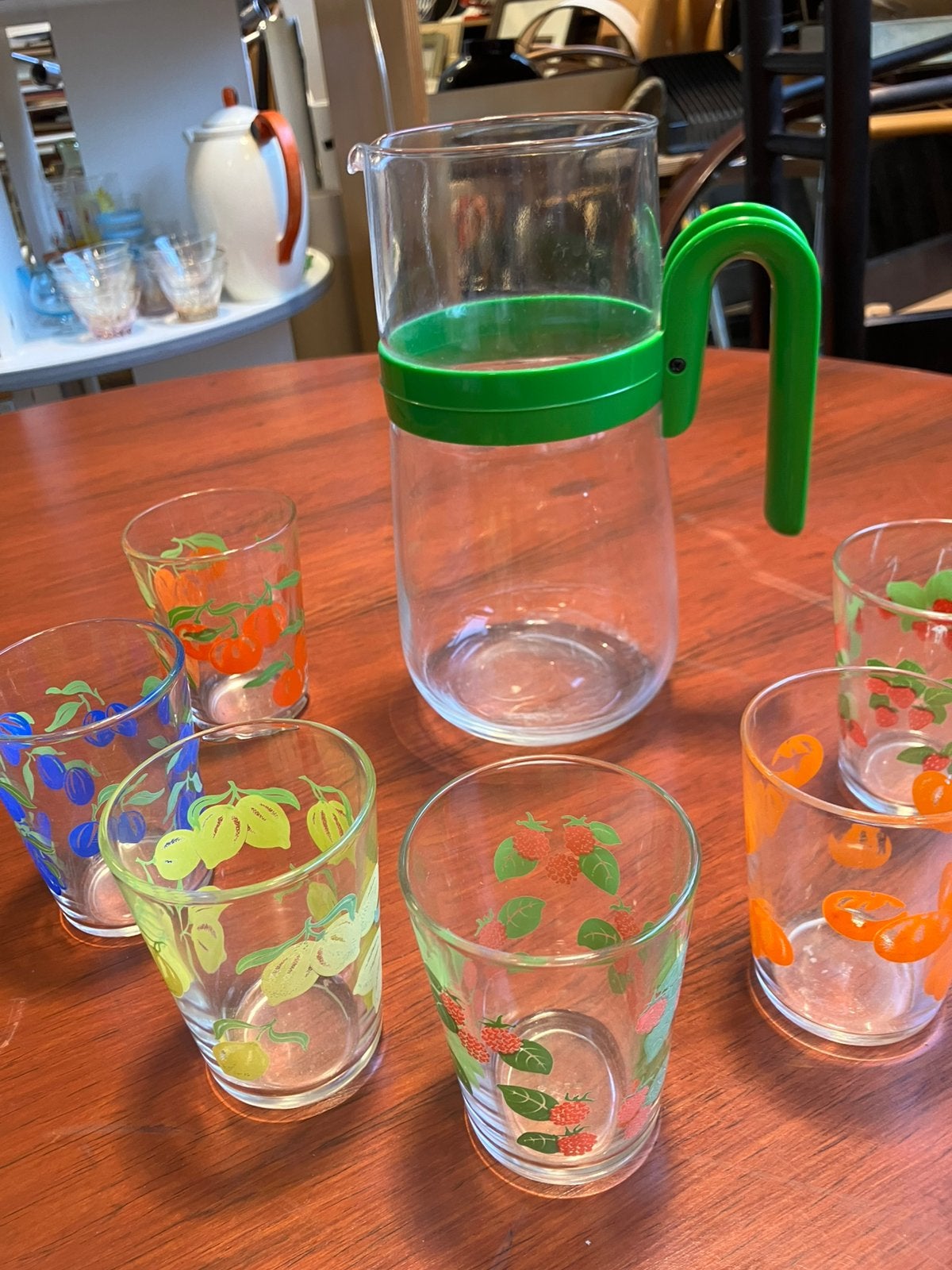 Vintage Limonade kan. Met 6 ranja glaasjes, Ophalen of Verzenden, Zo goed als nieuw, Borrel- of Shotglas