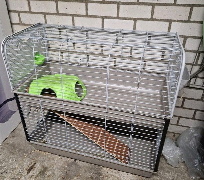 dubbele ( konijnen) kooi voor binnen met transportbox, Dieren en Toebehoren, Ophalen, Zo goed als nieuw, Kooi, Minder dan 60 cm