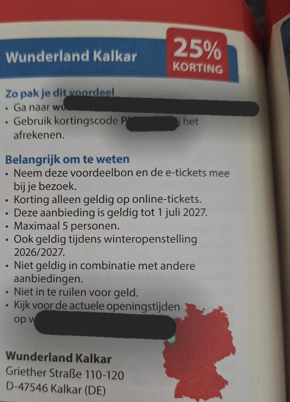Wunderland Kalkar 25% korting, Drie personen of meer, Kortingskaart