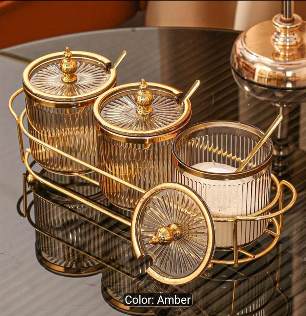 1 set plastic voorraadpotten Set met Goudkleurige Details, Glas, Goud, Nieuw, Ophalen of Verzenden
