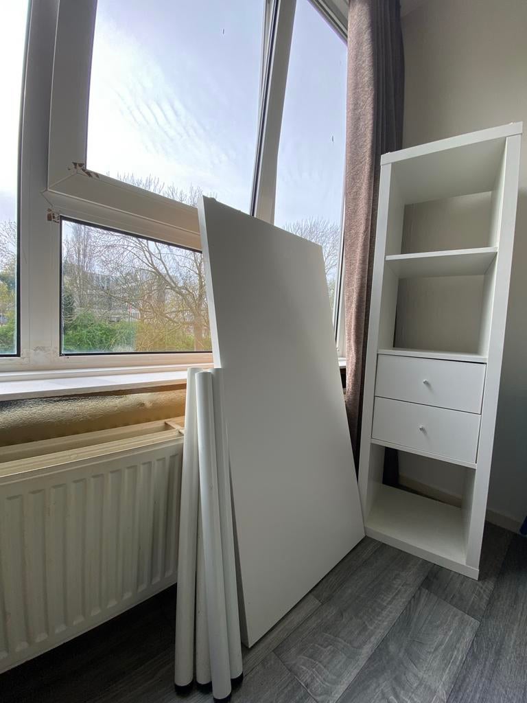 Bureau met ladekast en planken - Wit, Overige materialen, Gebruikt, 100 tot 150 cm, Ophalen of Verzenden