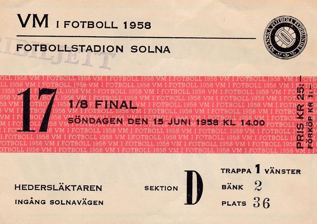 Ticket WK 1958 Zweden v Wales 15-06-1958, Verzenden, Gebruikt, Buitenlandse clubs, Overige typen