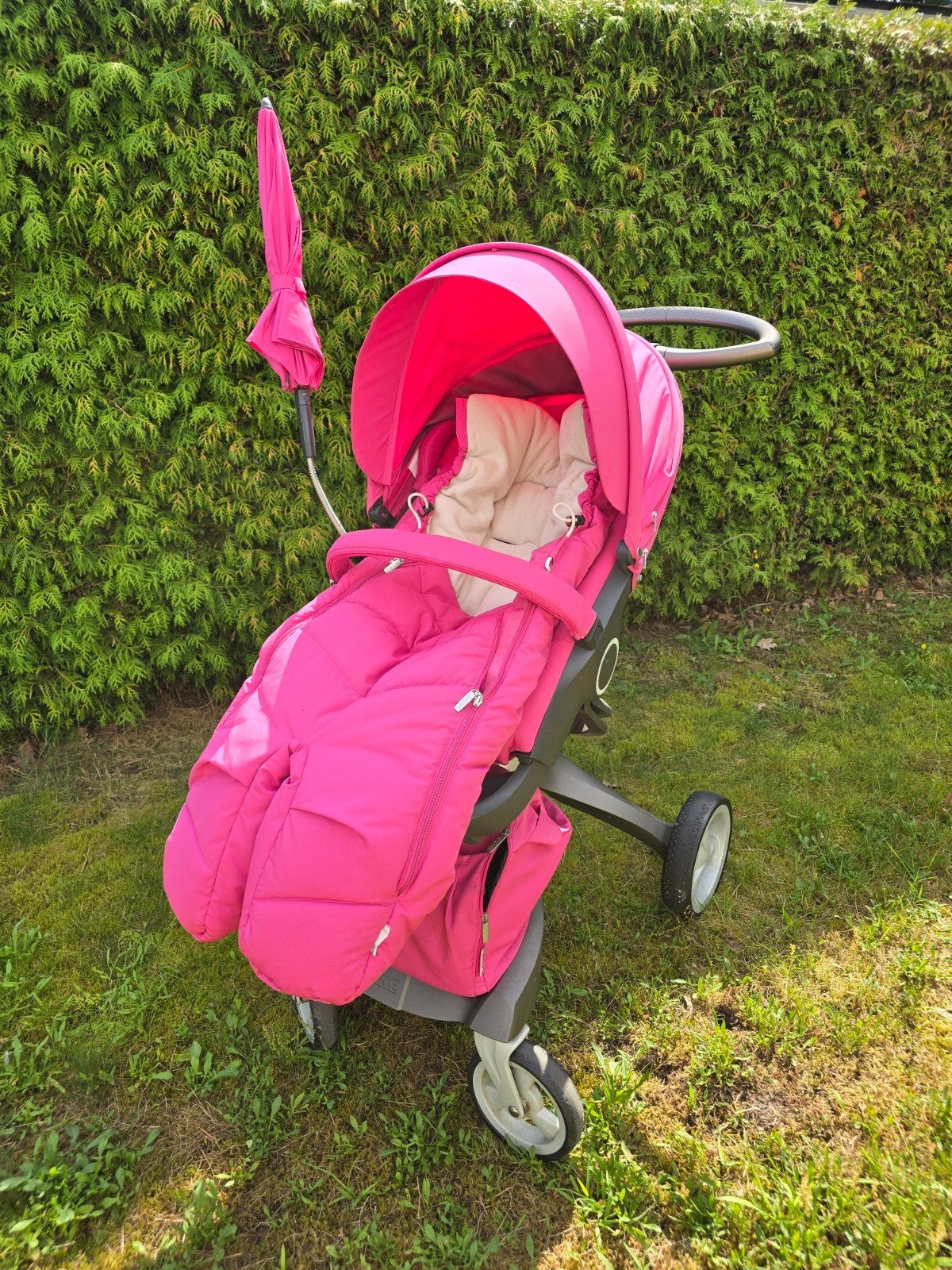 Stokke Xplory Combiwagen Roze met Reiswieg en Accessoires, Gebruikt, Combiwagen, Verstelbare duwstang, Ophalen