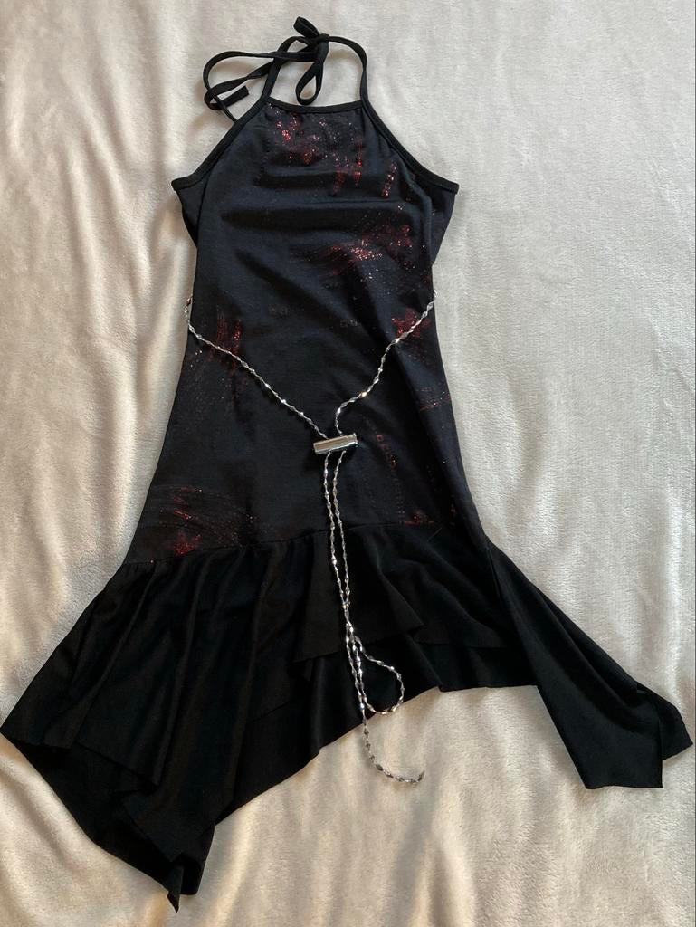 Chique Halter Feestjurk Zwart met Rode Glitters - Maat 128, Kinderen en Baby's, Kinderkleding | Maat 128, Ophalen of Verzenden