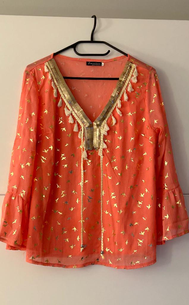 Ciao Milano koraalkleurige blouse met gouden vogelprint, Ophalen of Verzenden, Zo goed als nieuw, Maat 36 (S), Ciao Milano