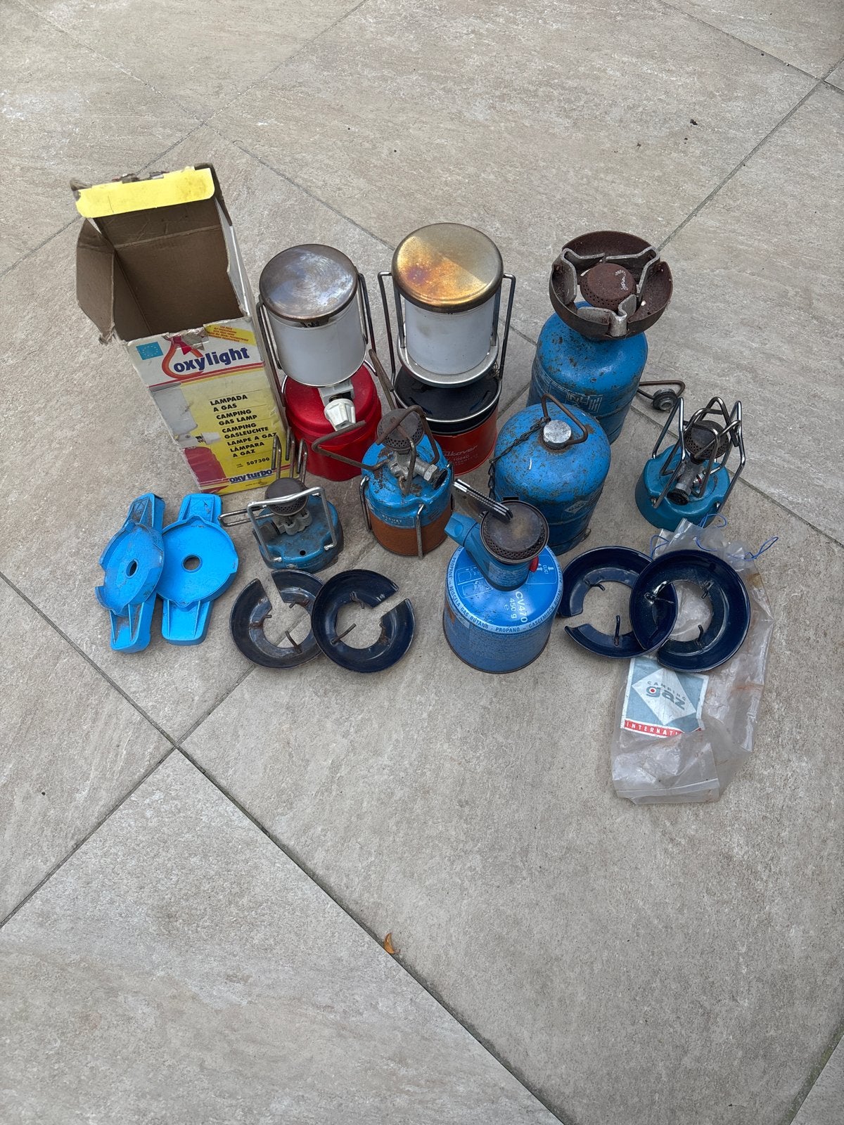 Partij vintage camping gaslampen en branders, Ophalen, Gebruikt