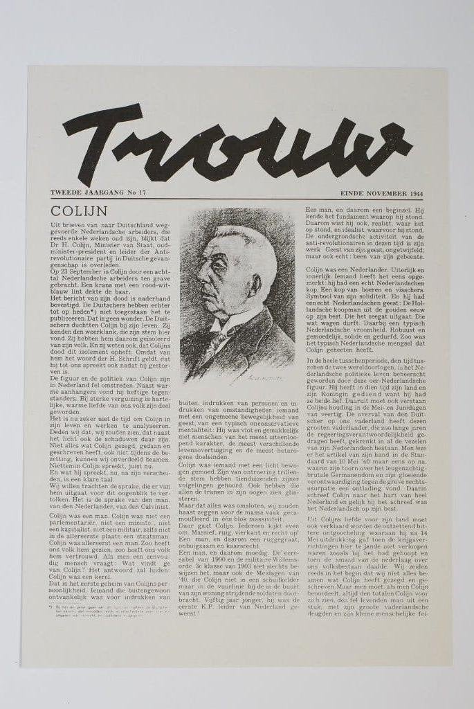 Trouw - Hendrik Colijn overleden - herdruk verzetskrant WOII