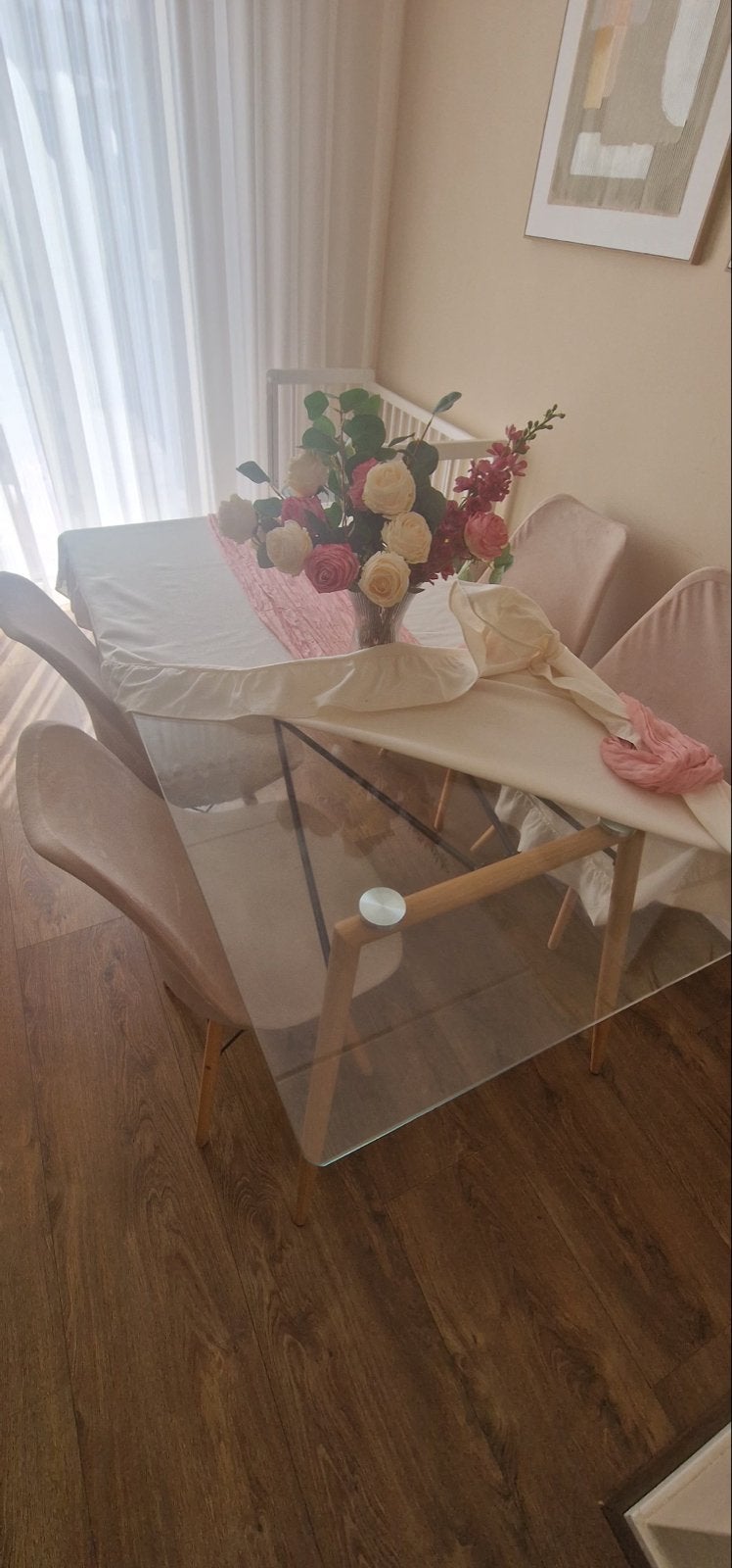 Moderne eettafel met glazen blad en houten poten, Ophalen, Gebruikt, 100 tot 150 cm, 50 tot 100 cm
