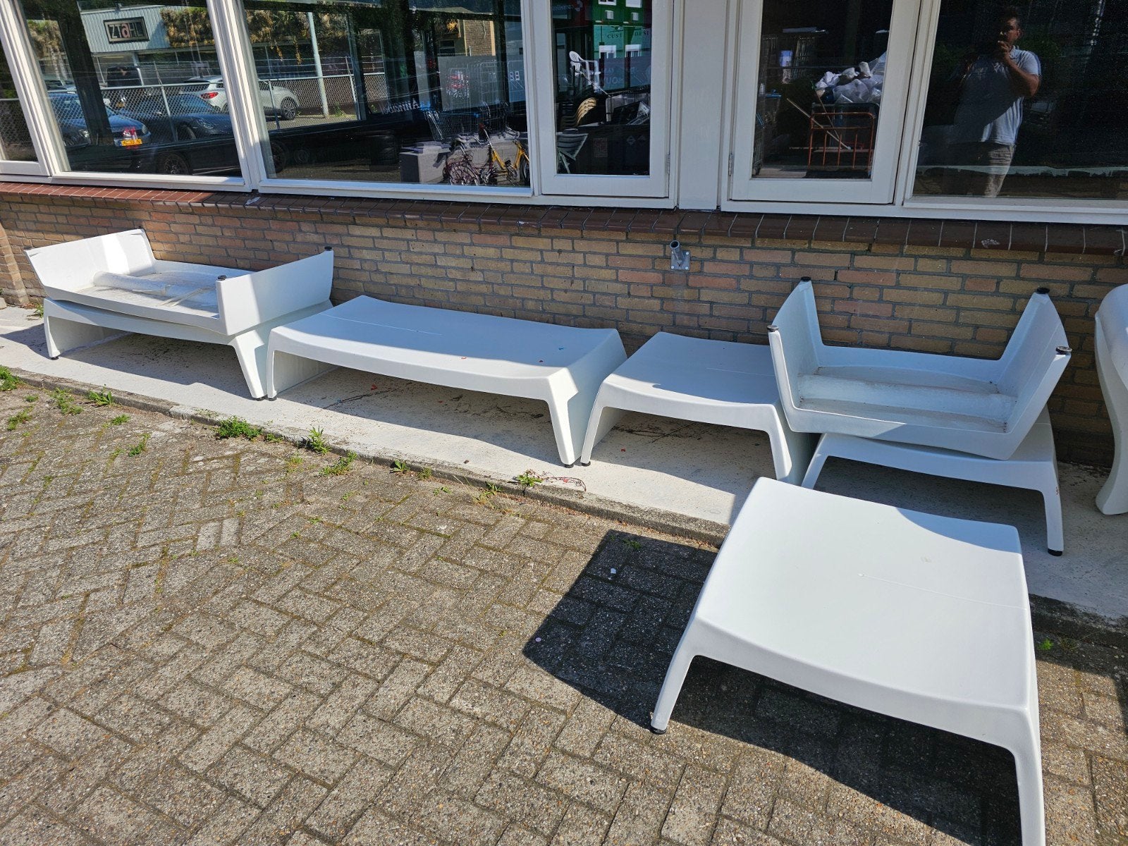 Polyester bankjes set: 4 lange en 4 korte, nieuwstaat, Ophalen, Kunststof, Nieuw, Nvt
