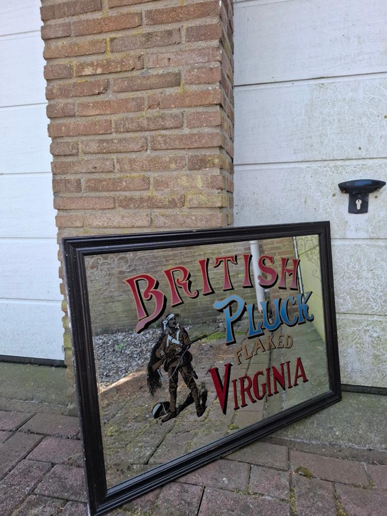 Vintage spiegel british pluck reclame / mancave tabak, Ophalen, Rechthoekig, Minder dan 50 cm
