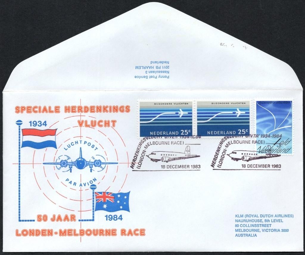 50 jaar Londen-Melbourne Race 1984 - herdenkingsvlucht 1983, Verzenden, Envelop