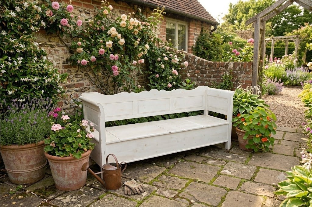 Gespoten oud witte klepbank 220 cm, Tuin en Terras, Ophalen of Verzenden, Zo goed als nieuw