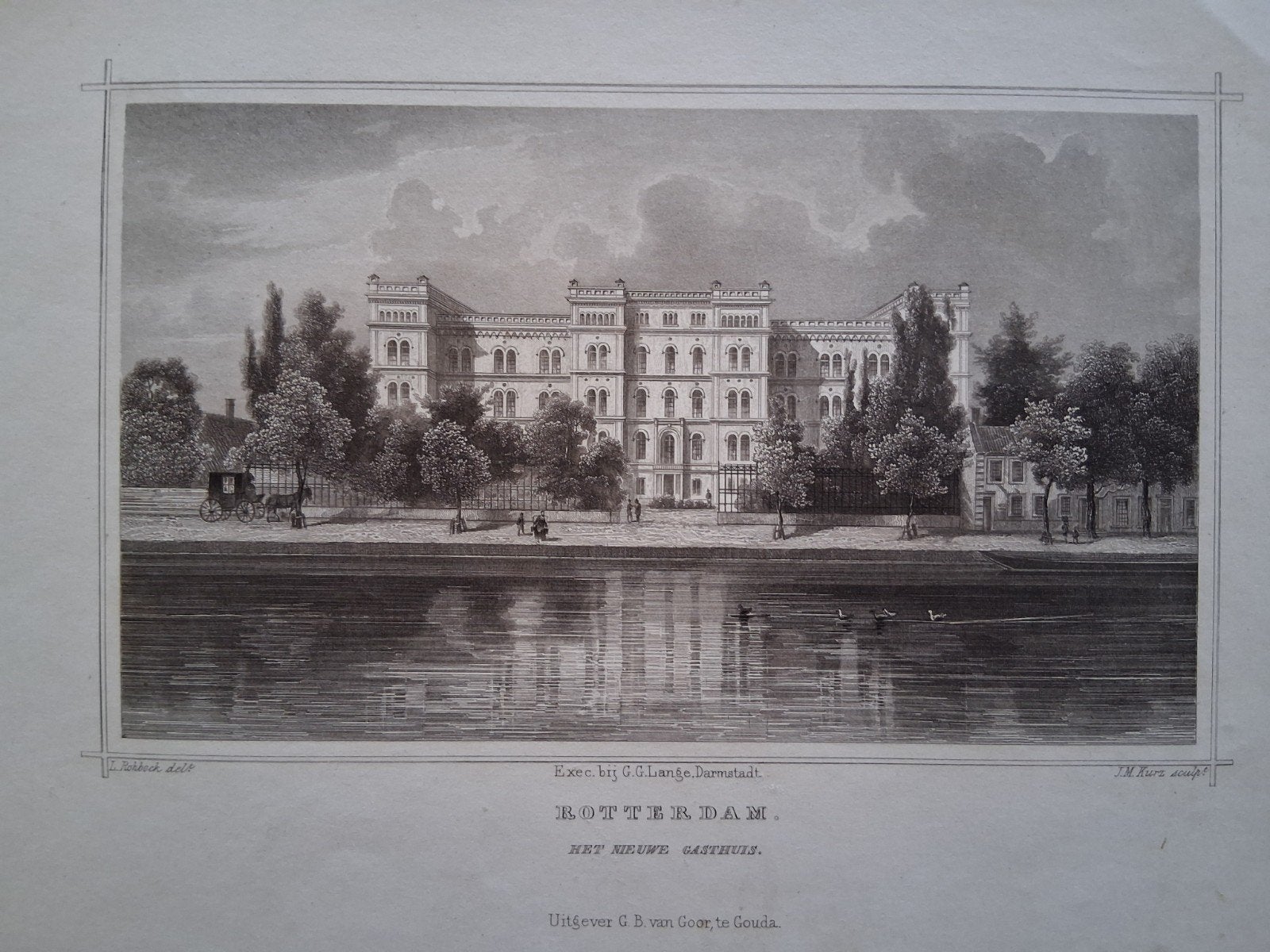 staalgravure: Het Nieuwe Gasthuis, Rotterdam (1840), 1800 - 1899, Architectuur, Ophalen of Verzenden, Gravure