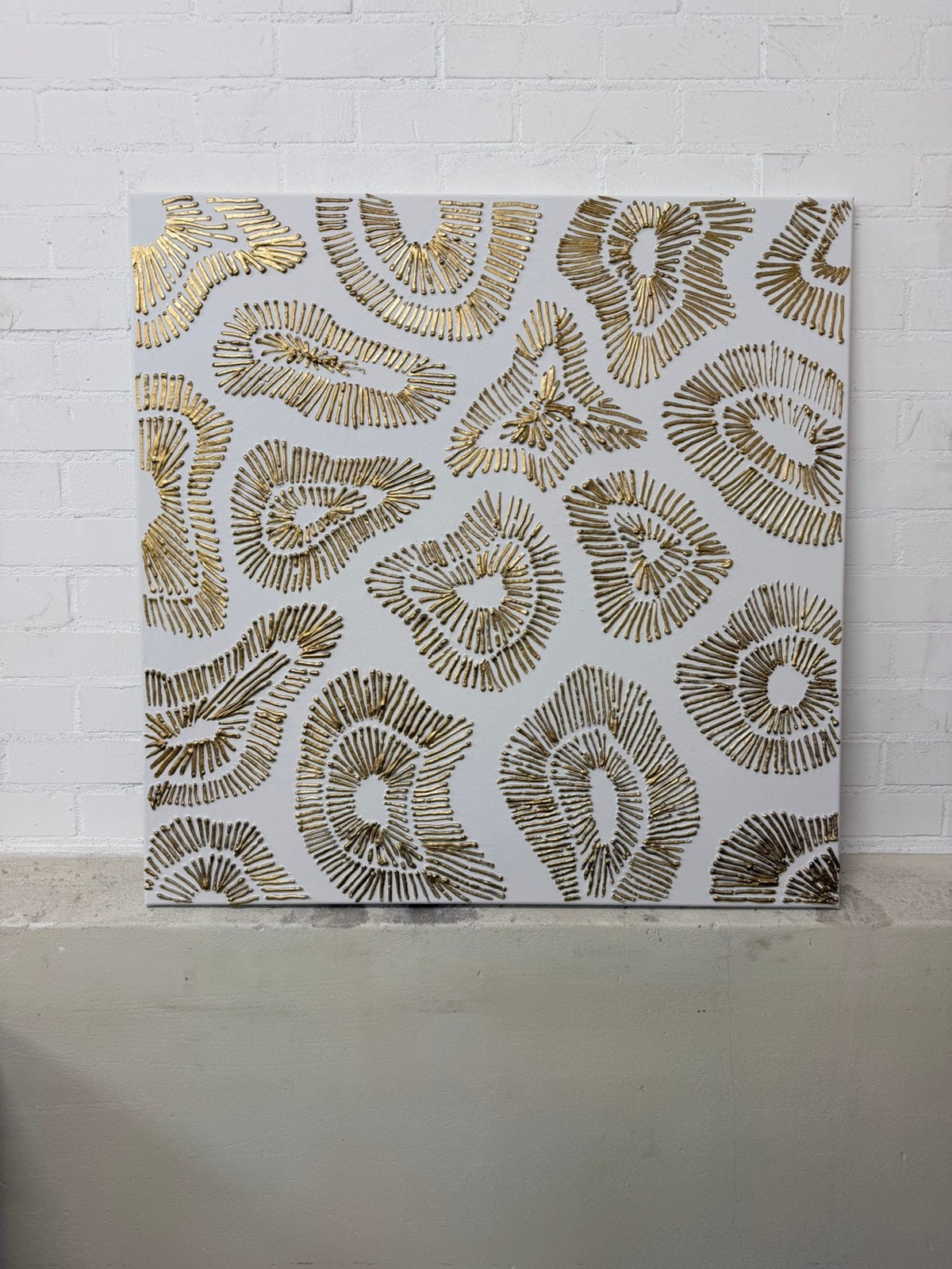 Schilderij japandi organic 3d paneel goud taupe 100x100, Ophalen