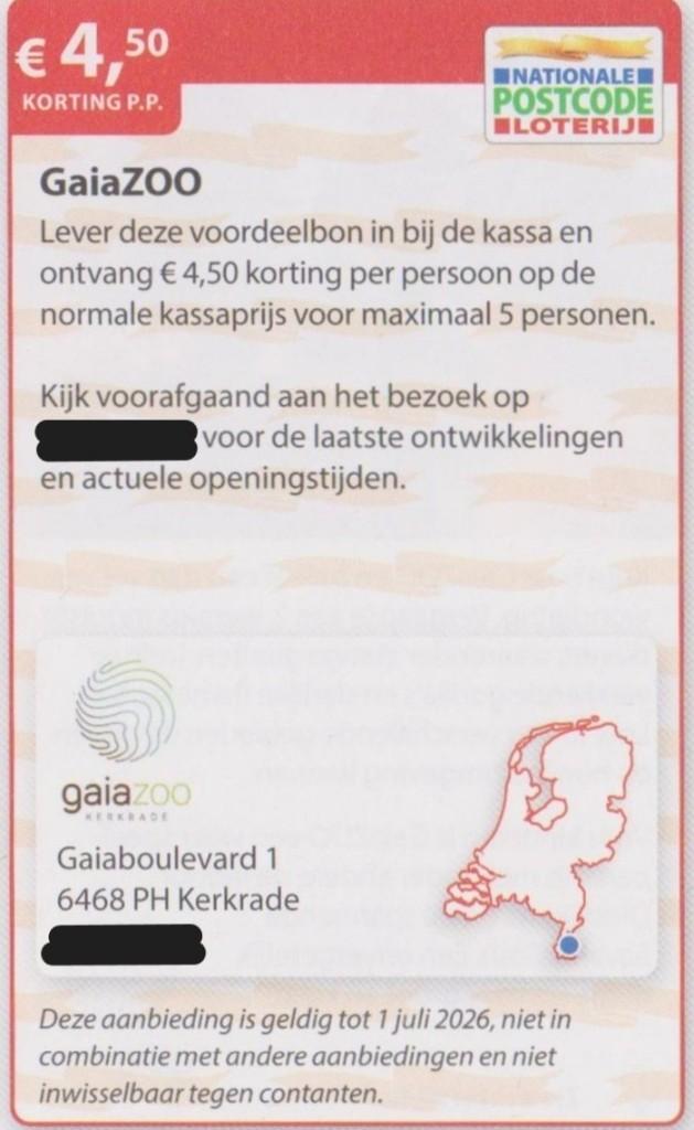 GaiaZoo Kerkrade. € 4,50 korting p.p. Postcodeloterij bon., Tickets en Kaartjes, Drie personen of meer, Kortingskaart