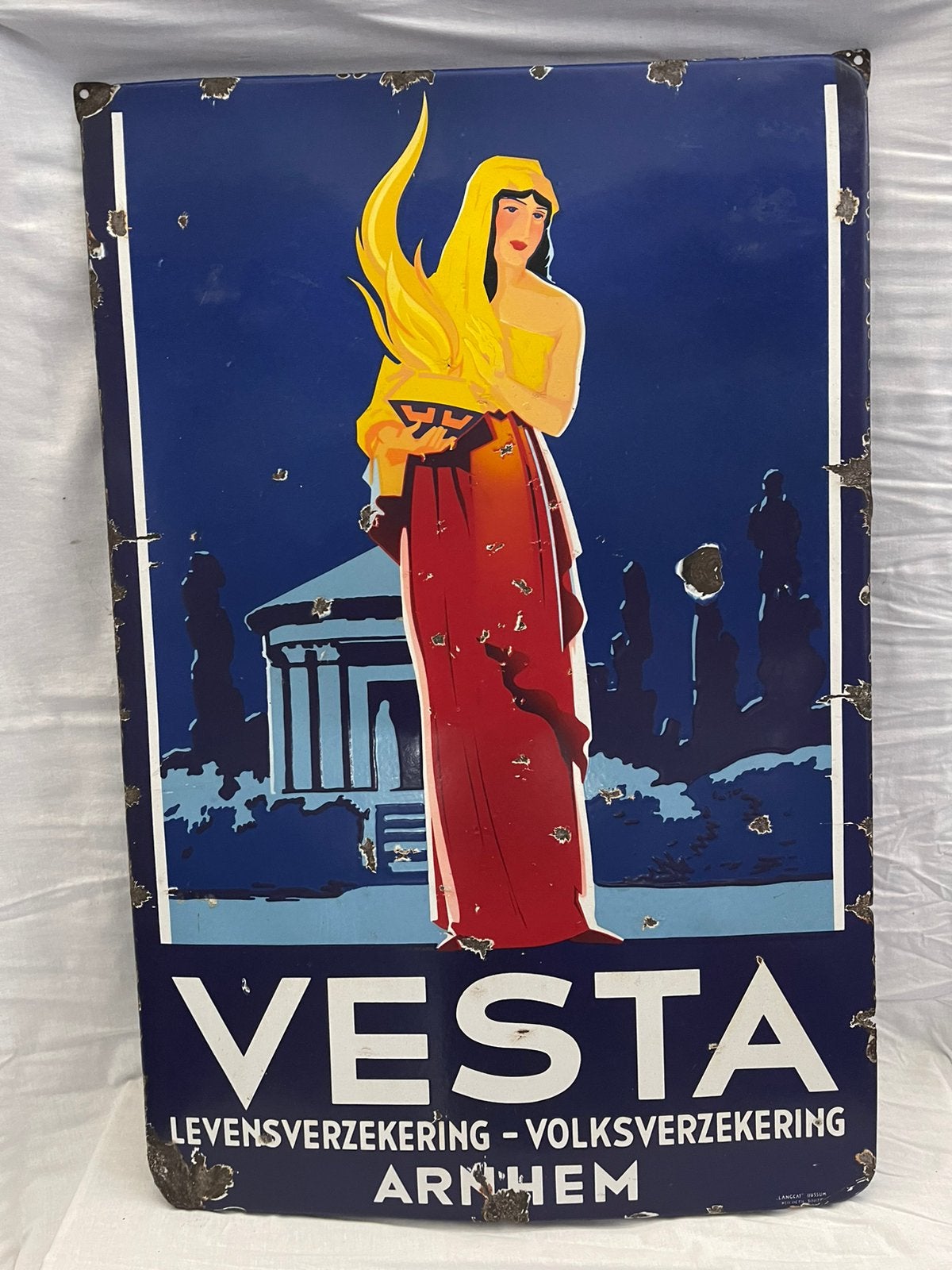 Emaille Bord “Vesta Verzekeringen Arnhem”, Ophalen, Gebruikt, Lichtbak of (neon) lamp