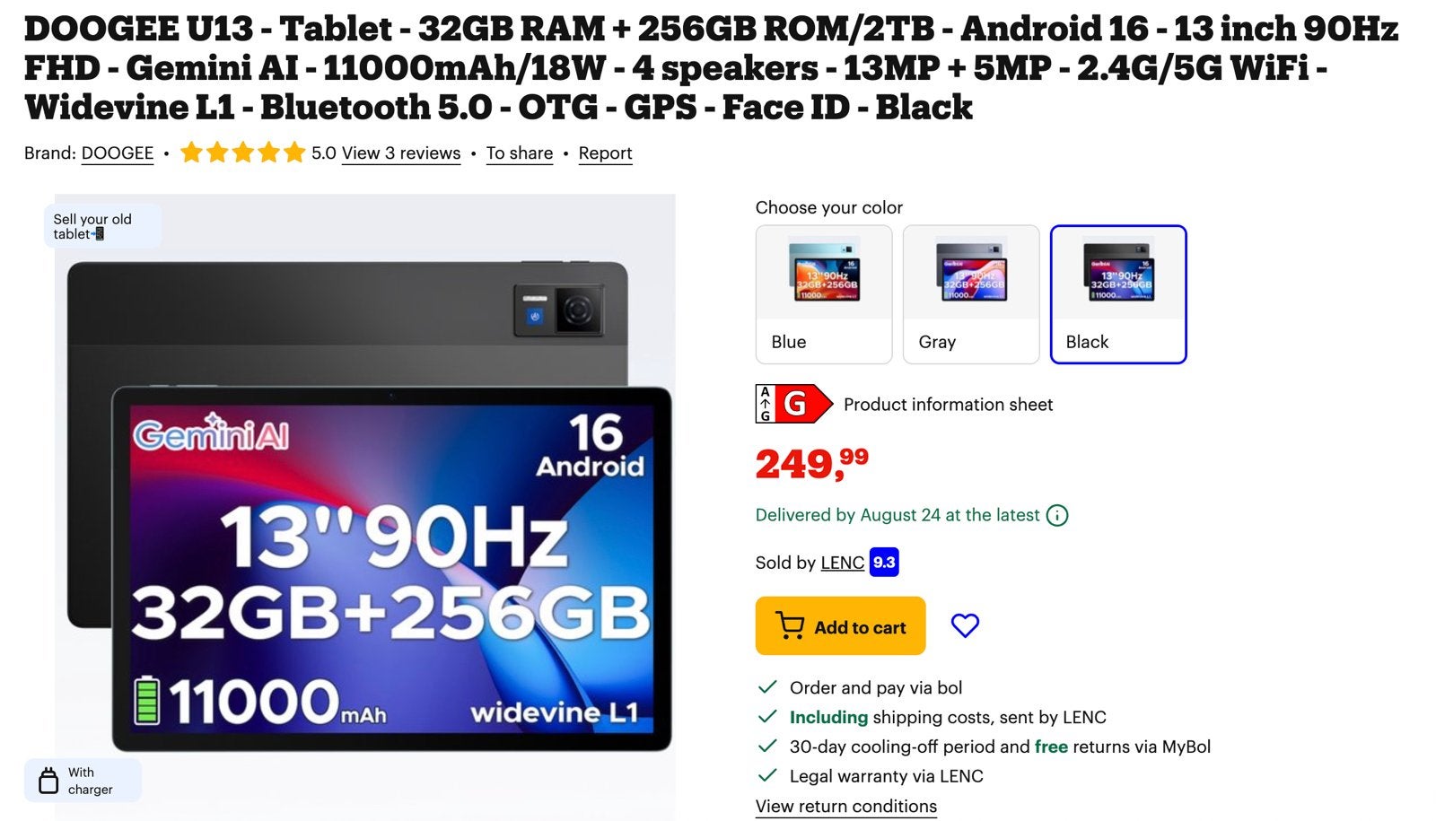 DOOGEE U13 Tablet - 13 inch, 32GB RAM, 256GB ROM, Zwart, Ophalen, 13 inch of meer, Wi-Fi, 256 GB