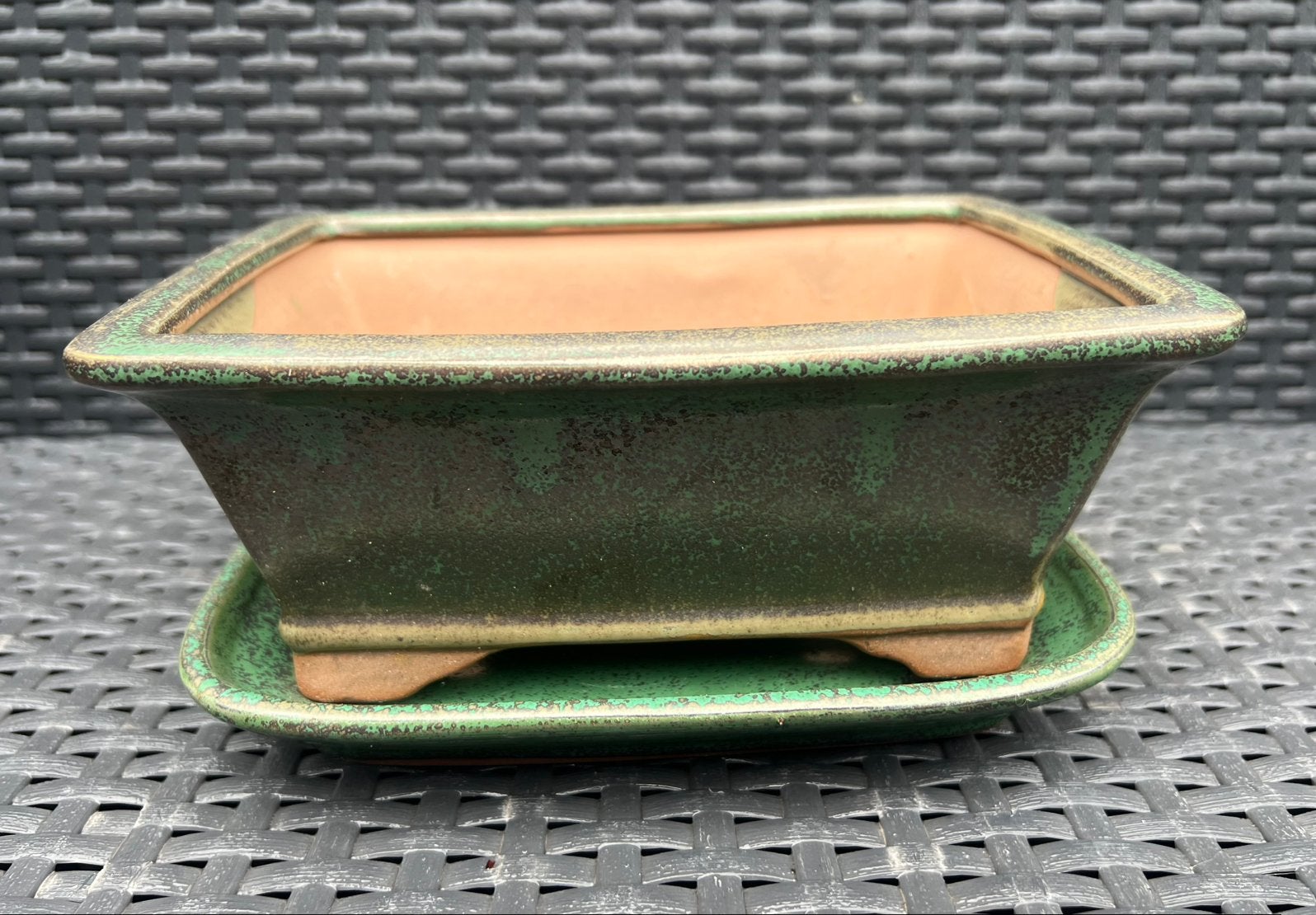Bonsai schaal + onderzetter groen tinten 21x16,7x8,5, Tuin en Terras, Ophalen of Verzenden, Zo goed als nieuw, Aardewerk, Rechthoekig