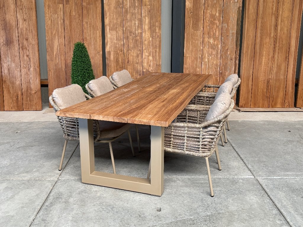 Tuinset | dining | boomstam teak 250cm incl 6 Luna beige, Tuin en Terras, Ophalen, 6 zitplaatsen, Teakhout, Nieuw