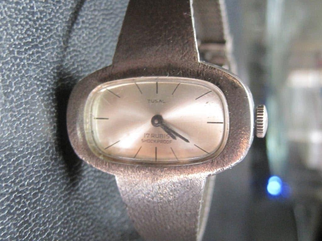 Vintage zilver Tusal horloge zilveren band zilveren kast, Leer, Polshorloge, Zo goed als nieuw, Zilver