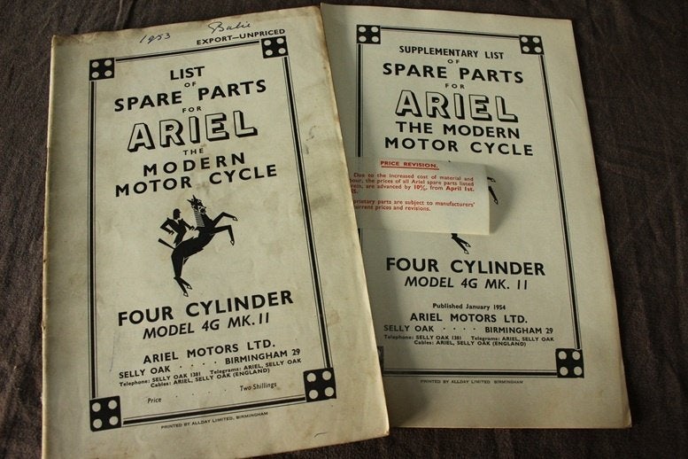 Ariel 1000 4G MKII 1953 / 1954 motorcycle parts list, Ophalen of Verzenden, Overige merken