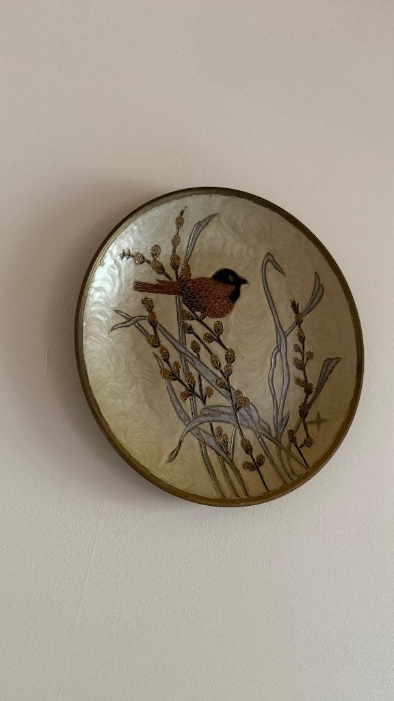 vintage wand decoratie met vogel – messing, Vintage, Gebruikt, Beige, Ophalen of Verzenden