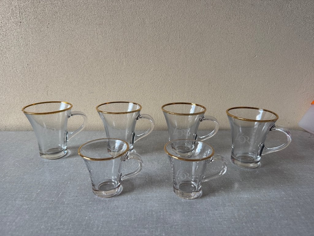 6 NIEUWE koffieglazen van LÓR met gouden randje kopjes, Overige merken, Nieuw, Ophalen of Verzenden, Glas