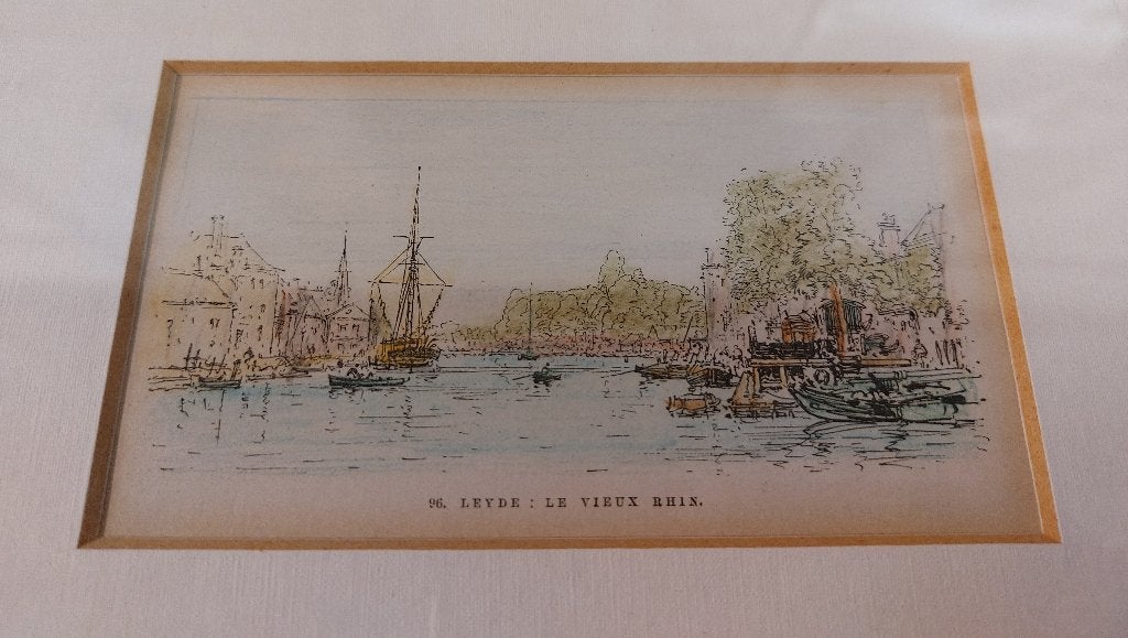 Zeevaartschool en Galgewater Leiden gekleurde prent Antiek, Antiek en Kunst, Ingelijst, Ophalen of Verzenden